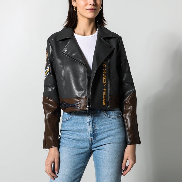 Ahsoka Faux Leather Cropped Bomber Jacket