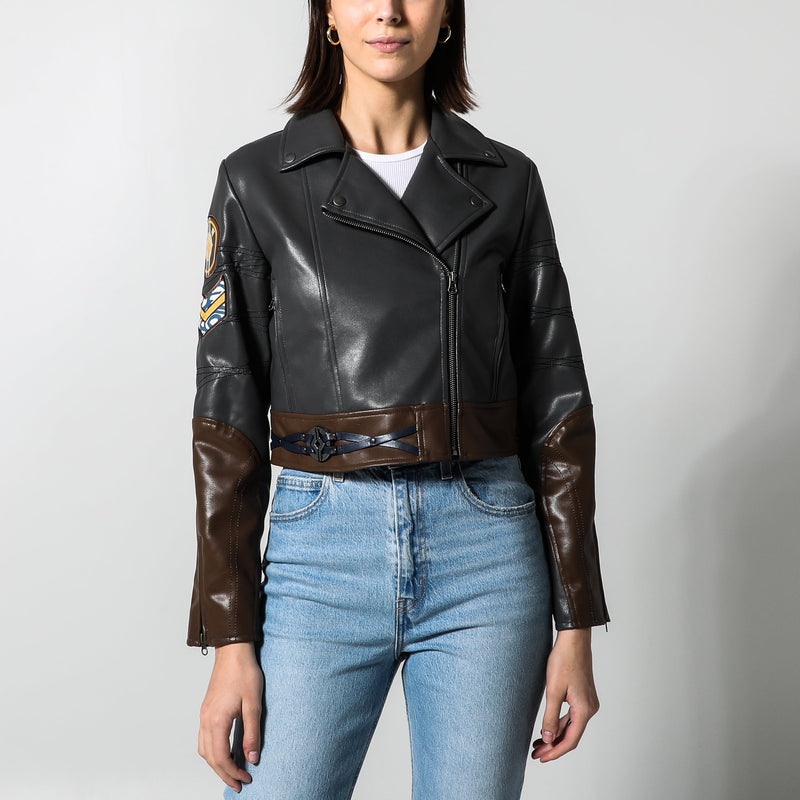 Ahsoka Faux Leather Cropped Bomber Jacket